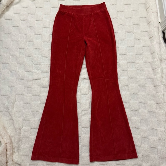 Aerie Red Ribbed Velour Flare Pants High Waisted Super Soft Size X-Small - Picture 3 of 6